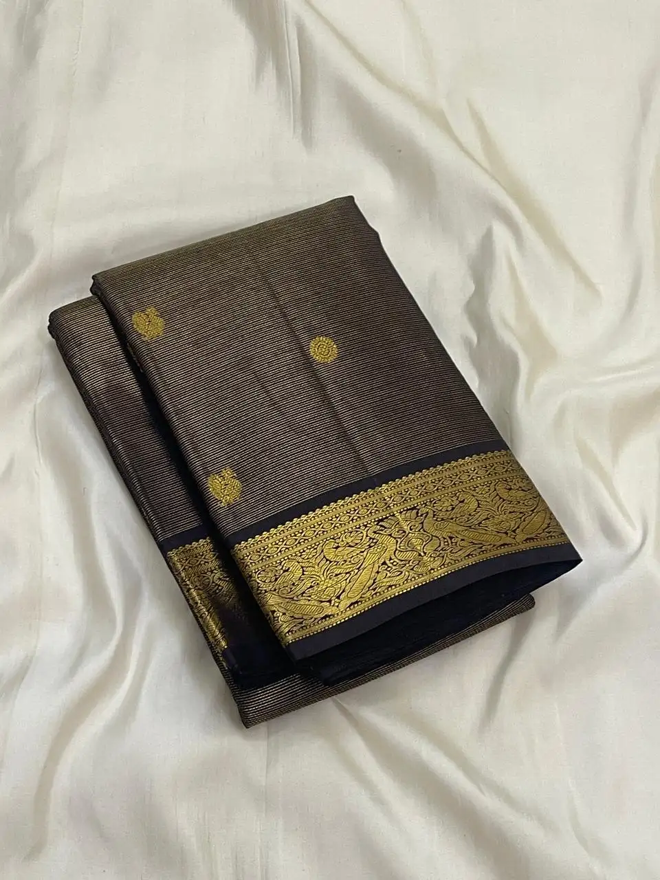 Antique Brown Zari Stripe Pure Kanchipuram Handloom Bridal Silk Saree
